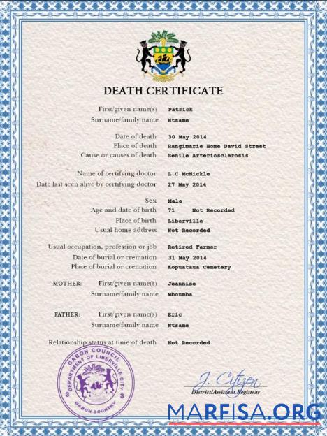 Printable Gabon vital record death certificate PSD template